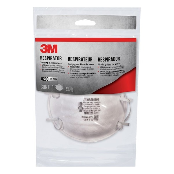 Scotch 3M N95 Sanding and Fiberglass Cup Disposable Respirator White One Size Fits All 1 pk 8200H1-DC - main